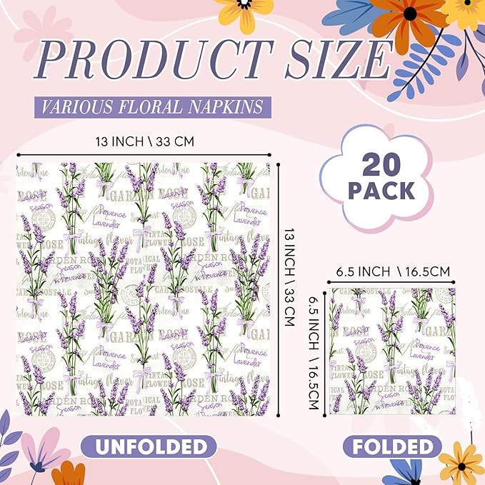 Crtiin 20 Pack Assorted Floral Napkins for Decoupage Toilet Napkins Flower Cocktail Decorative Paper for Birthday Party Beautiful Gorgeous, 20 Styles Each 6.5 inches(Style 7)
