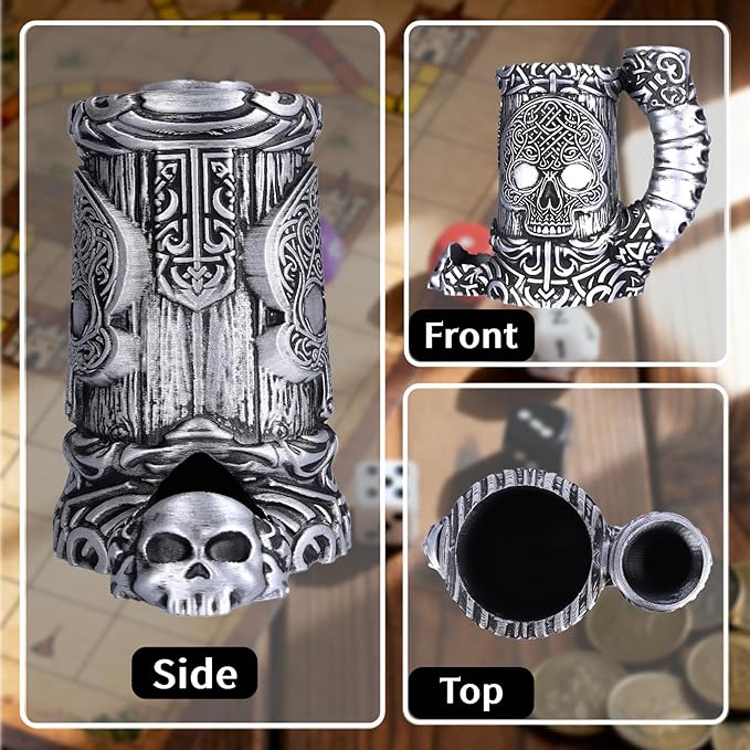 Dice Tower Mug, Dice Rolling Tower, Comes with 7 PCS Dice Set, Suitable for DND Dungeons and Dragons, Tabletop Games, Available As Drink Holder, D&D Gifts, DND Accessories (Silver Skull)