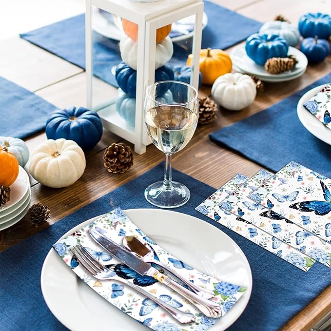 60 Pack 3 Styles Floral Napkins-Blue Party Supplies Vintage Flower Paper Napkins Tea Party Decorations for Birthday,Baby Shower, 12.9 * 15.7 inch