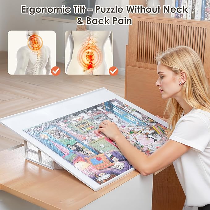 WELGEE 1000-Piecce Tilting Puzzle Board with Stand, 31” x 24” Lightweight Portable Puzzle Table for Adults & Seniors, DIY Customizable Puzzle Accessory Only 3.5 lbs (White)