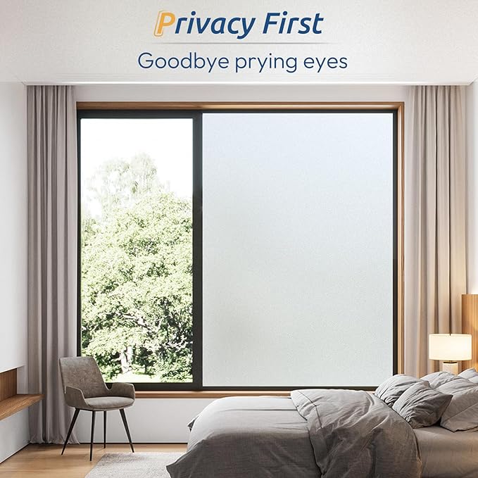 rabbitgoo Window Privacy Film, Frosted Glass Window Clings, Static Cling UV Heat Blocking Door Stickers for Home Bathroom, Removable Indoor Decal Coverings Day and Night, Pure, 35.4 x 393.7 Inches