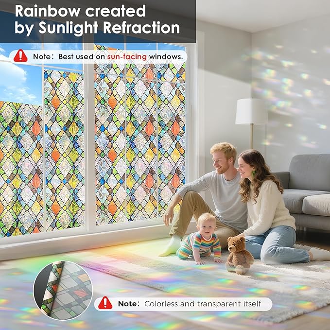 Window Privacy Film Rainbow Film Stained Glass 3D Static Cling Decorative Window Sticker for Bathroom,Front Door,Home Heat Control UV Blocking Non Adhesive,Diamond Grid 17.5 x 78.7 inches