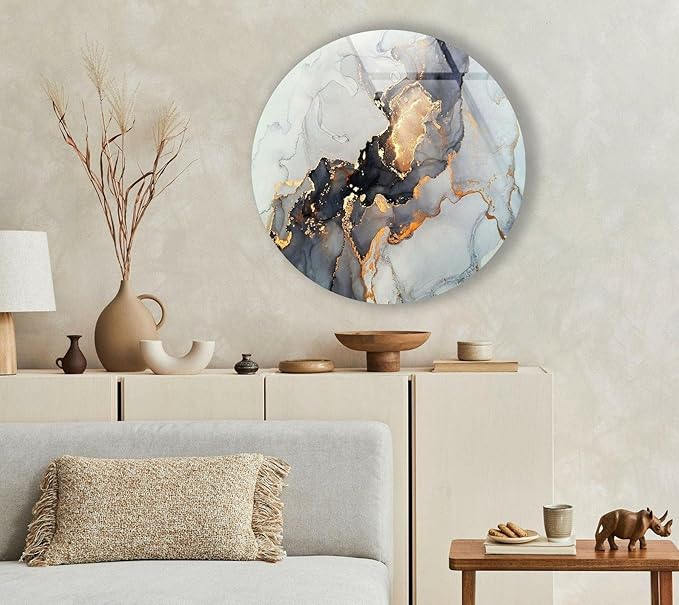 My Photostation.com 10''(25cm) Diameter Gold Details Gray Marble Round Glass Wall Art Tempered Glass Printing Wall Decor Large Wall Art Wall Hangings