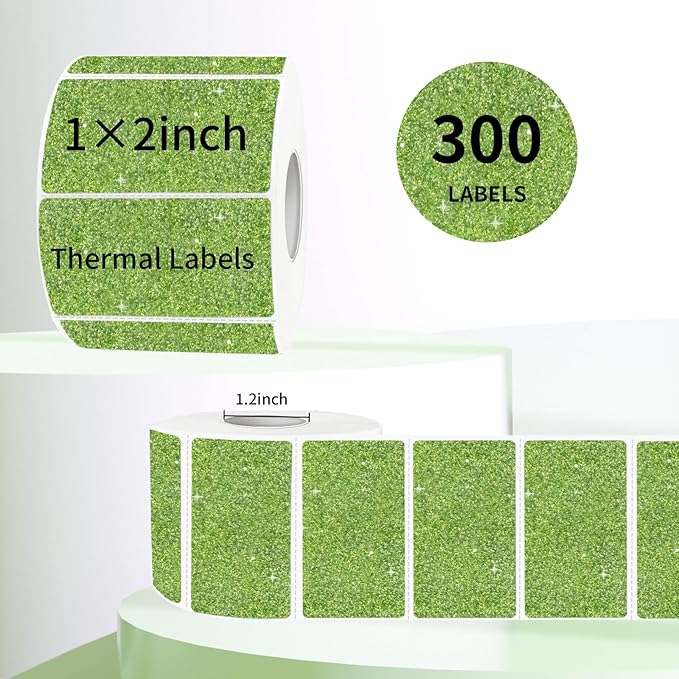 2"x1" Holographic Thermal Labels Stickers, Glitter Direct Thermal Printer Labels, Waterproof Self-Adhesive Address Shipping Label Stickers, 300 Sheet/ 1 Roll, Holographic Shiny Green