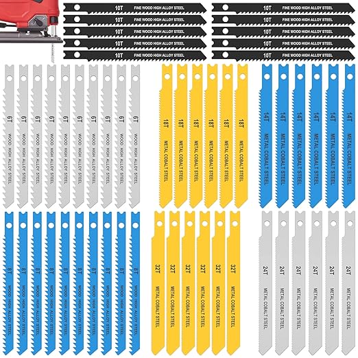 54Pcs Jig Saw Blade Set High Carbon Steel Assorted Saw Blades with U-Shank Sharp Fast Cut Down Jigsaw Blade Woodworking Tool for Wood Metal Plastic Cutting