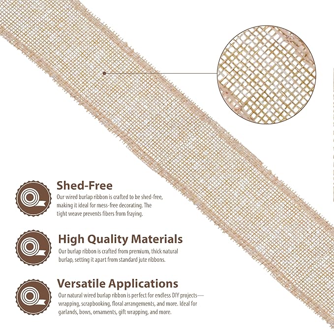 Mandala Crafts Natural Burlap Wired Ribbon 1.5 Inches Wide Jute Ribbons for Crafts - 10 Yds Roll Rustic Burlap Wrap Trim Ribbons for Wreaths Bows Party Decoration