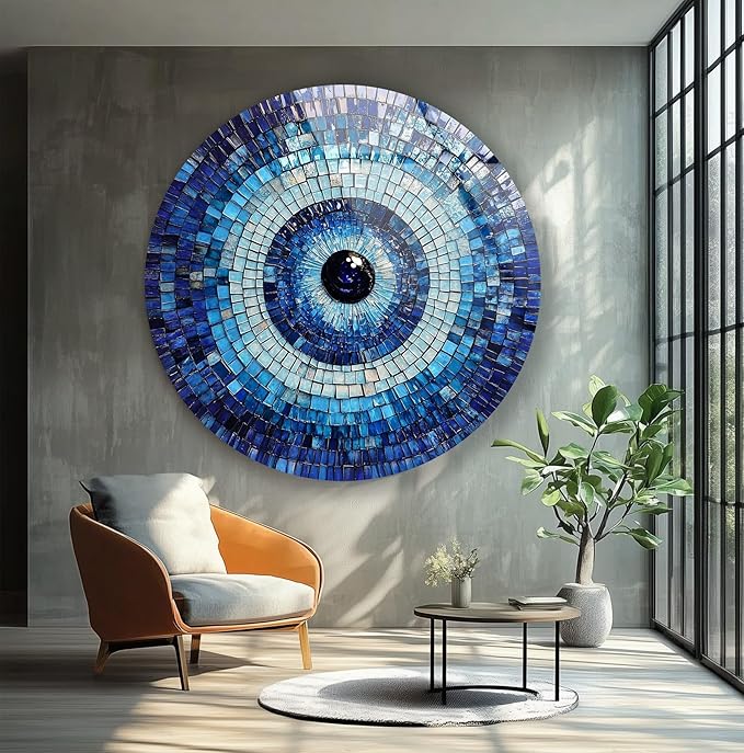 My Photostation.com 20''(50cm) Diameter Blue Mosaic Evil Eye Round Glass Wall Art Tempered Glass Printing Wall Decor Large Wall Art Wall Hangings