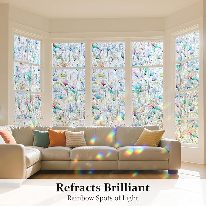 Donox Decorative Window Privacy Film, 3D Floral Stained Glass Window Film Static Cling Rainbow Privacy Sticker for Glass Door Heat Control Anti UV, No Adhesive (Magnolia,35.4 x 78.7 inches)