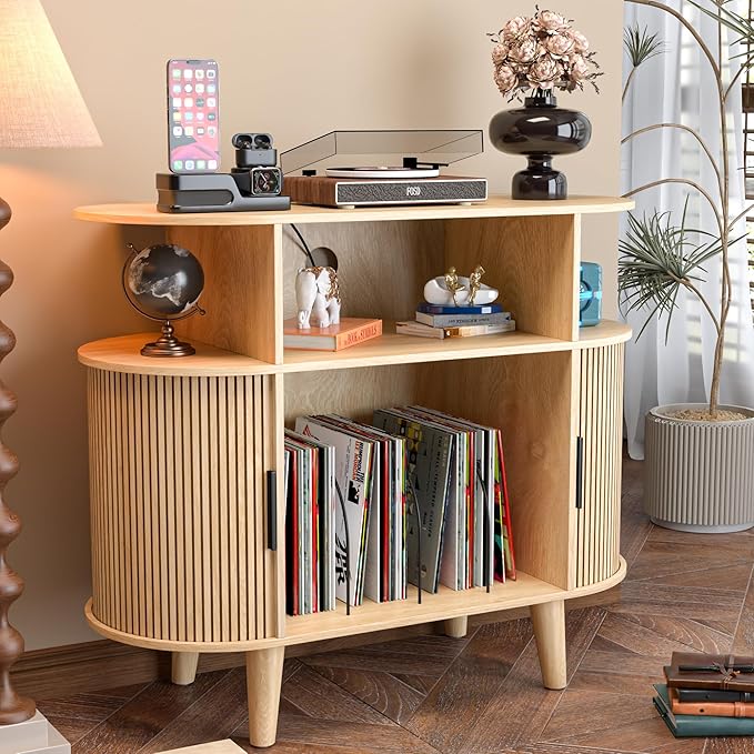 Large Round Record Player Stand with Charging Station & USB Ports，Record Storage Cabinet, Mid Century Modern Turntable Stand for Bedroom Living Room (Small Oak)