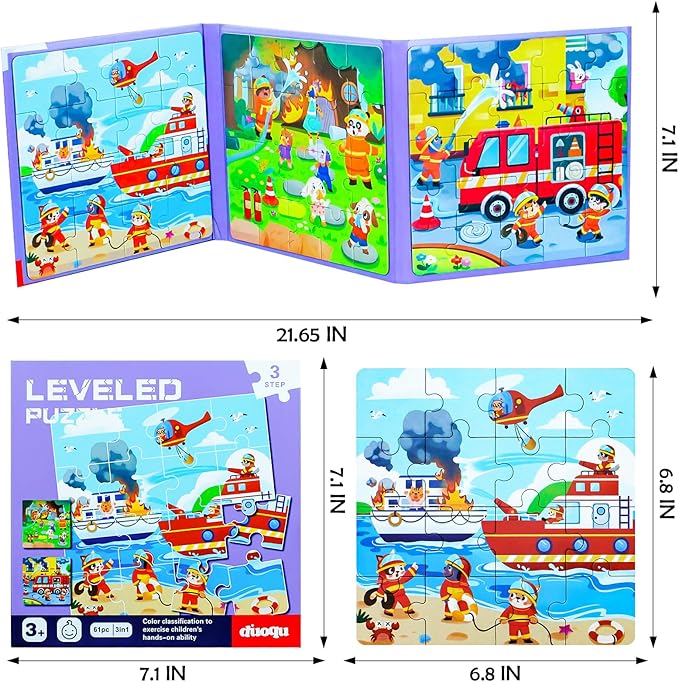 Fire Brigade Magnetic Puzzles for Toddlers, 3 in 1 Jigsaw Puzzle Book, Travel Puzzles for Preschool Learning Ages 3-8