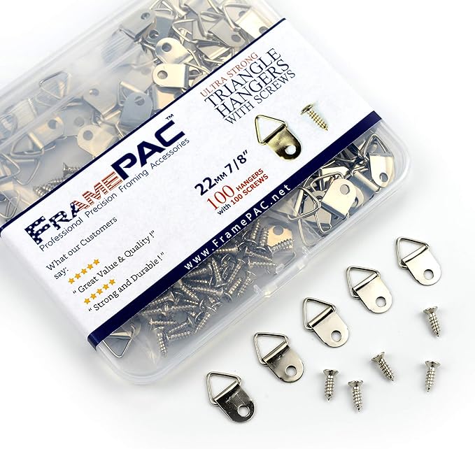 100 Pack Picture Hangers with Screws, Small Triangle Ring, D Rings for Clock, Decoration, Mirror, Paintings, Artwork Picture Frame