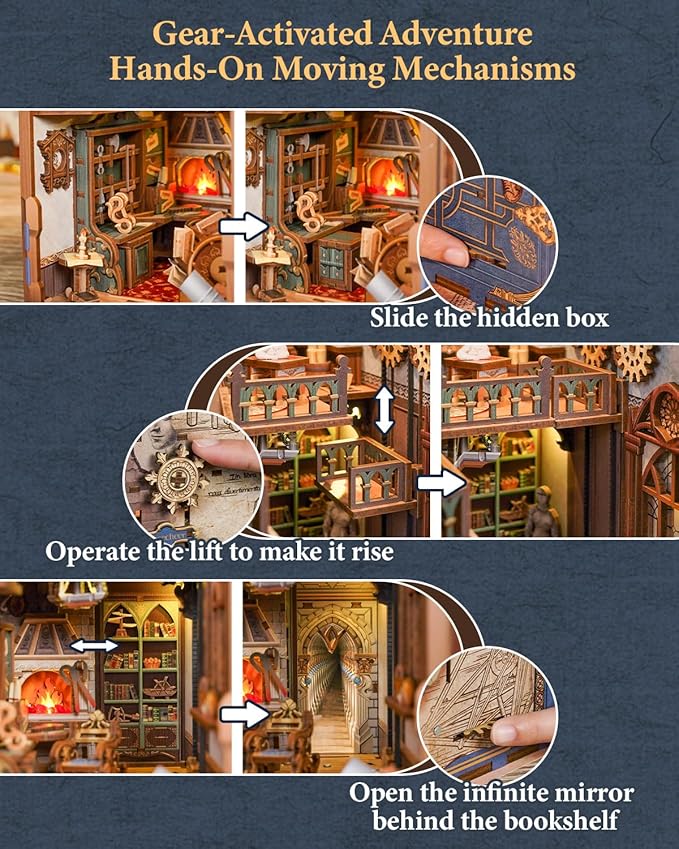 Tonecheer DIY Book Nook Kit for Adults, 3D Puzzle Wooden Miniature House Kit, Booknook Dollhouse Bookshelf Insert Decor Bookend with Dust Cover and LED Lights Gifts (Leonardo da Vinci)