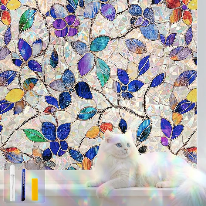 Window Privacy Film Stain Glass Window Film Rainbow Window Film Window clings Non-Adhesive Reusable Decorative for Room (Purple Rainbow, 45.2 X 78.7 in)