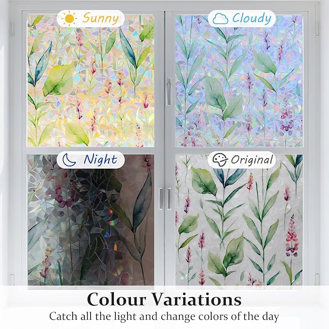 Donox Decorative Window Privacy Film, 3D Floral Stained Glass Window Film Static Cling Rainbow Privacy Sticker for Glass Door Heat Control Anti UV, No Adhesive (Gladiolus,17.5 x 157.4 inches)