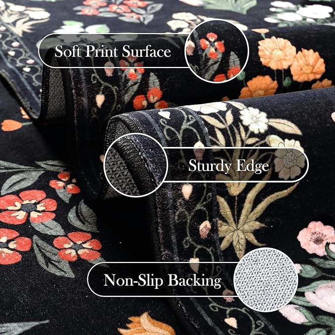 Wonnitar Floral Print 8x10 Washable Rug, Non Slip Black Dining Room Rug, Moroccan Large Stain Resistant Low Pile Indoor Carpet for Bedroom Playroom Home Decor, Black/Multi