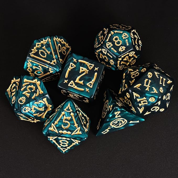7-Die DND Dice Set Halloween Pattern Polyhedral Die Set with Leather Bag, Skull Dice D&D Die for RPG Table Games (Halloween Pattern-Green)