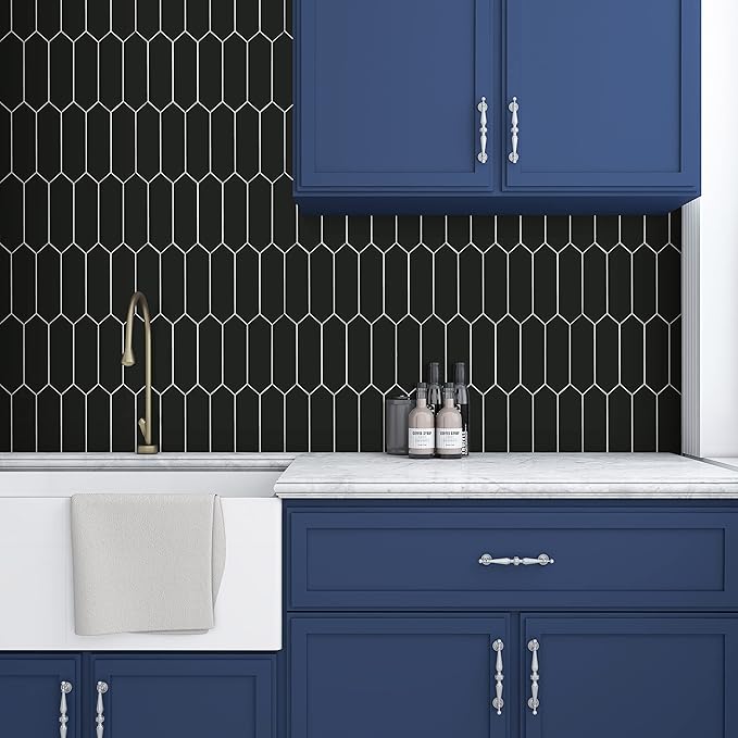 SUNWINGS Backsplash Tile for Kitchen Peel and Stick, Stone Composite Self Adhesive Tiles Long Hexagon Mosaic Wall Tile for Kitchen, 12 Inch x 11.22 Inch 10 Sheets Black Matte