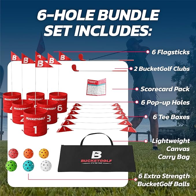 bucketgolf Game 6 Hole Bundle with Clubs - The Best Backyard Golf Game for All Ages and Levels Adults, Kids, Families, Schools, Yards, Parks, Beaches, Vacation. (2 Clubs (2 RH))