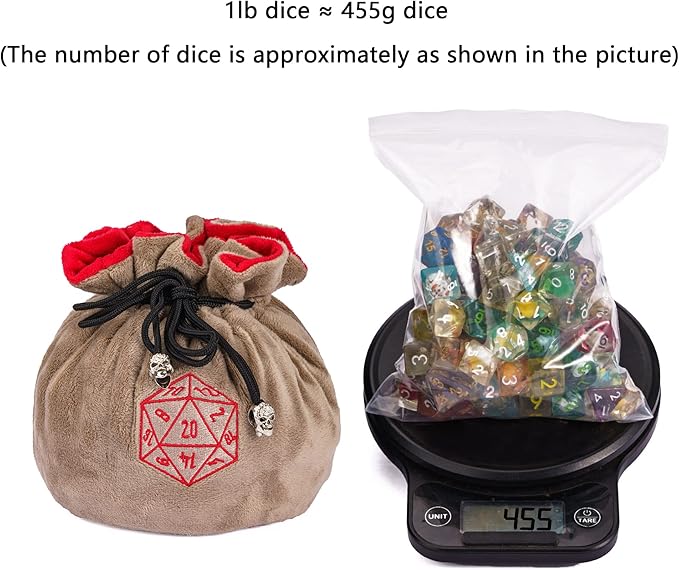 Large Dice Bags D&D with Pockets Khaki Storage Bag D20 Logo for DND RPG Game (with 1lb Random DND Dice)