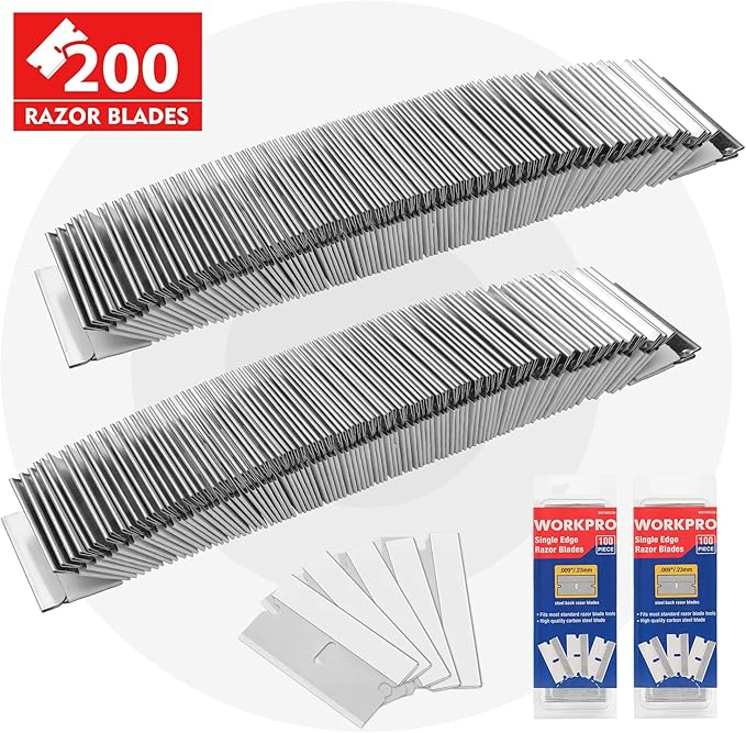 WORKPRO 200-Pack Single Razor Edge Blades, Industrial Scraper Razor Blades, High Carbon Steel One Edge Razor Blades