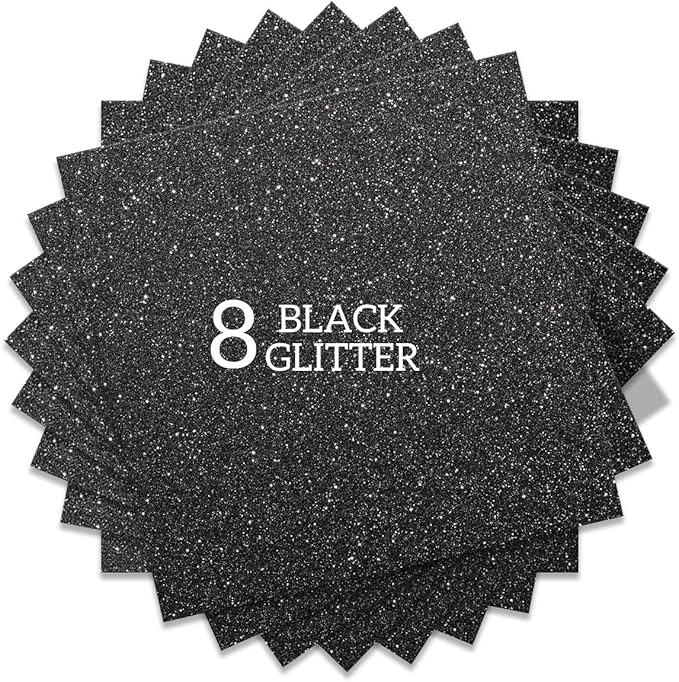 Black Glitter HTV Heat Transfer Vinyl Bundle 8 sheets-12 x12 Iron on Vinyl for T Shirts Hats Clothing Compatible with Cricut Cameo Heat Press Machine