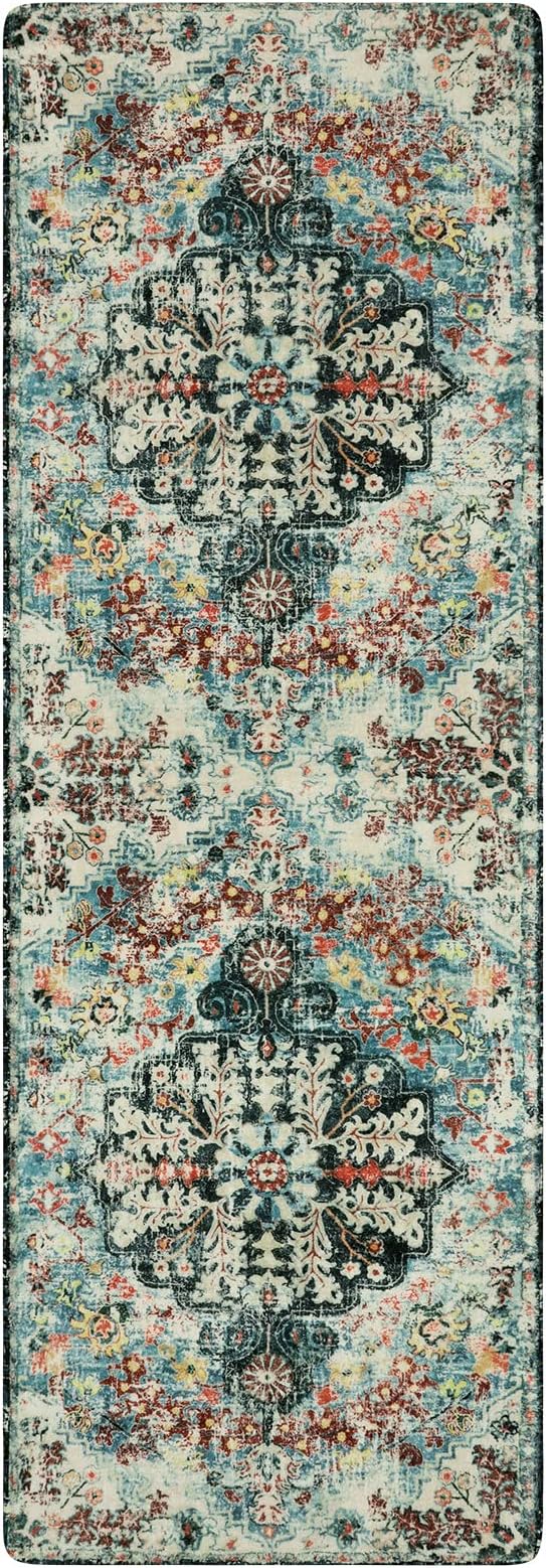 Lahome Bohemian Floral 2'8" x 8' Washable Hallway Runner Rug, Non Slip Kitchen Carpet Runners, Turkish Soft Pet Friendly Stair Mat for Bathroom Laundry Room Sunroom, Teal