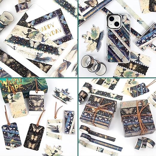 14 Rolls Washi Tape Set - Gold Foil Green Fairy Decorative Masking Tape Butterfly, Fairy, Star, Magic, Adhesive Tape for Bullet Journal,DIY Craft,Scrapbooking Supplies,Gift Wrapping