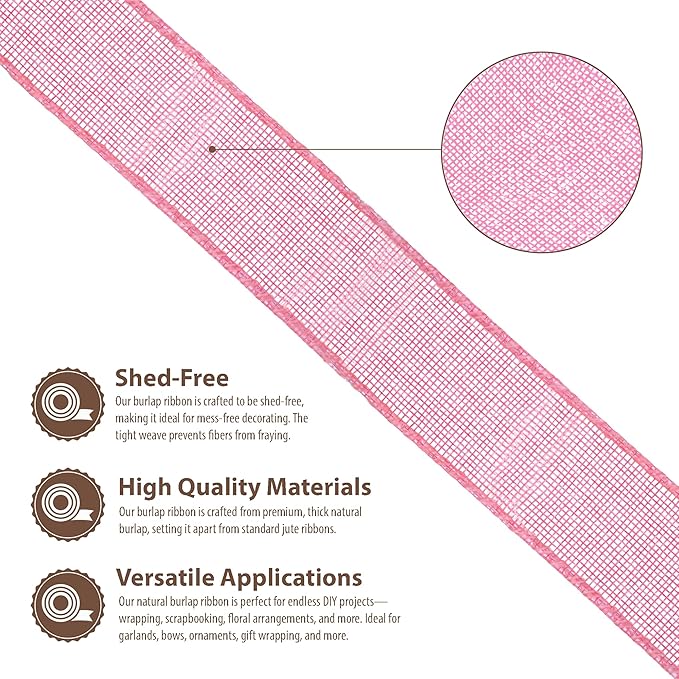 Mandala Crafts Pink Burlap Ribbon 1.5 Inches Wide Jute Ribbons for Crafts - 20 Yds Roll Rustic Burlap Wrap Trim Ribbons for Wreaths Bows Wedding Party Decoration