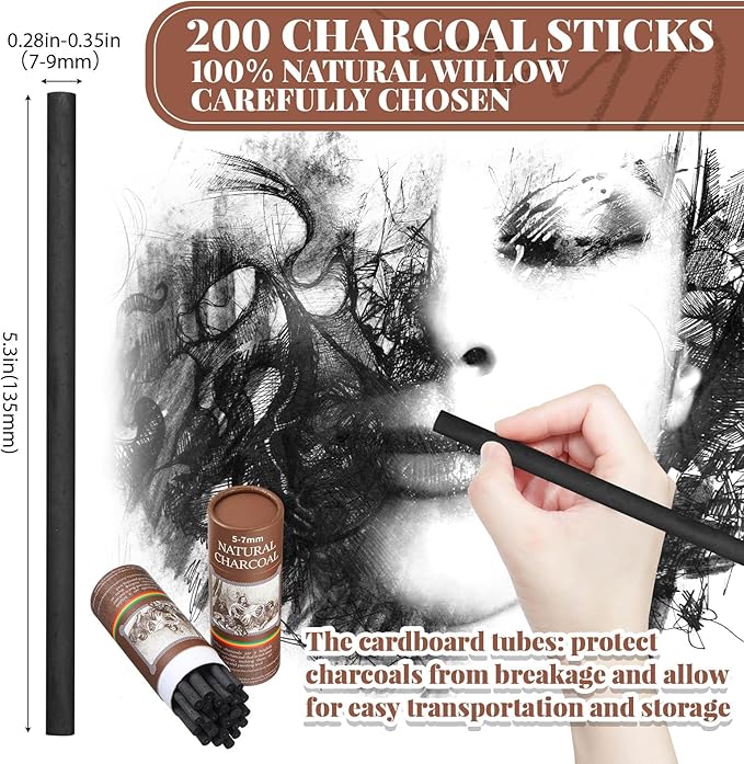 Gueevin 200 Pcs Willow Charcoal Sticks, Willow Charcoal, Artists, Beginners, Students, Perfect for Sketching, Drawing, Shading, and Fine Art Christmas Gifts for Art (5-7mm)