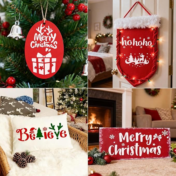 14Pcs Larger Christmas Stencils for Painting On Wood Reusable Xmas Stencils Set Holiday Templates for DIY Crafts Home Decor Art Projects