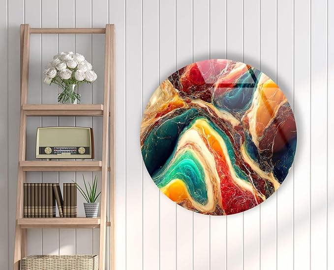 My Photostation.com 10''(25cm) Diameter Colorful Marble Swirl Round Wall Art Abstract Glass Decor with Earthy Tones & Gemstone Texture