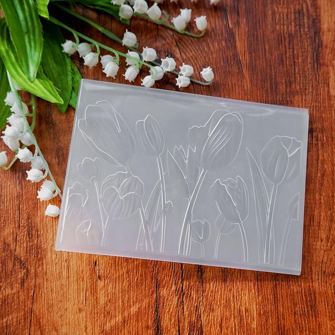 NZJ 3D Texured Spring Happy Mother's Day Flower Tulip Plastic Embossing Folders for Card Making Scrapbooking and Other Paper Crafts
