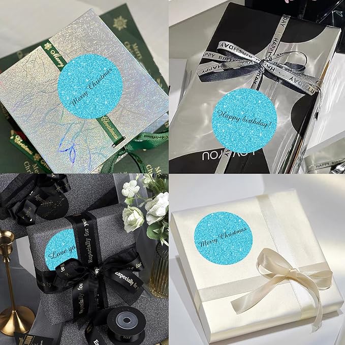 3" Holographic Thermal Label Stickers, Round Direct Thermal Label Stickers, Glitter Thermal Printer Sticker Labels for Gift Wrapping, Self-Adhesive Custom Logo Design- Glitter Blue