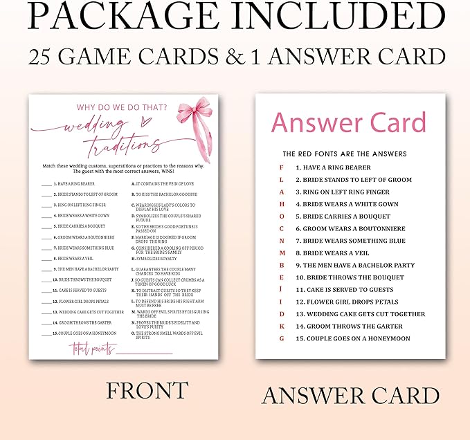 Bridal Shower Games Cards, Wedding Traditions Why Do We Do That, 25 Cards with 1 Answer Card, Engagement Party Games for Guests, Pink Ribbon Bow Wedding Party Supplies - E08