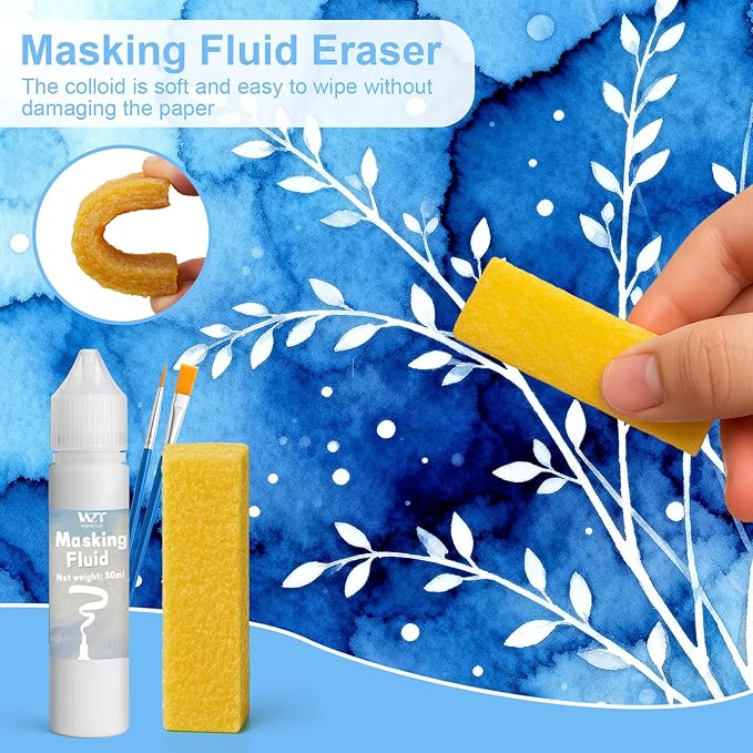 Masking Fluid for Watercolor Painting, 30ml Watercolor Masking Fluid with 2 Brushes & Eraser, Fine Arts & Crafts Supplies for Ink, Watercolor, Gouache Painting