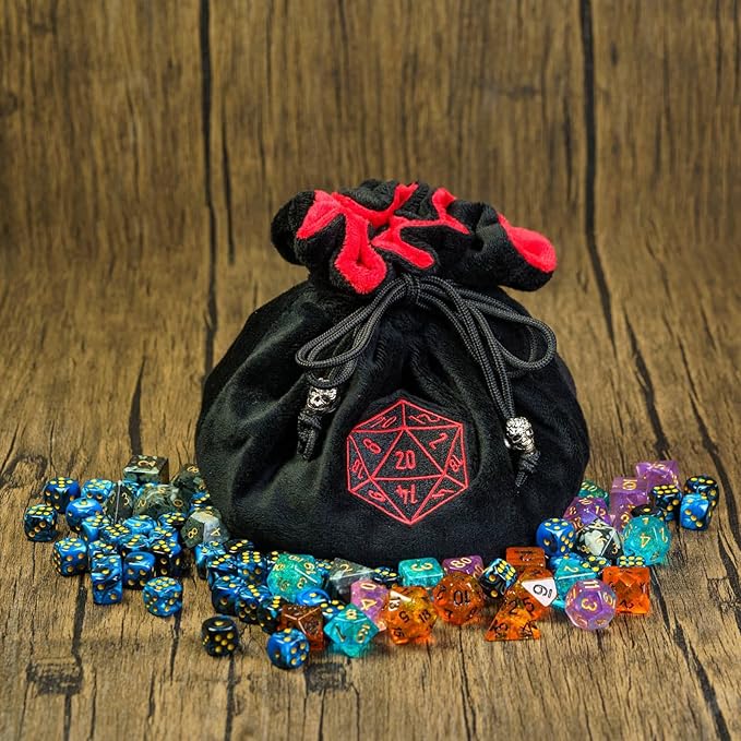 Large Dice Bags with Pockets Black Storage Bag D20 Logo for DND RPG Game Dices (with 1lb Random DND Dice)