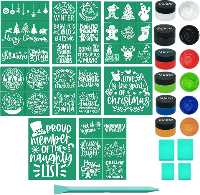 JAJADO Chalk Paste Paint for Christmas Stencils Set 20 Pcs, Winter Silk Screen Reusable Adhesive Print Xmas Mesh Transfers for Craft on Wood DIY T-Shirt Gift Card