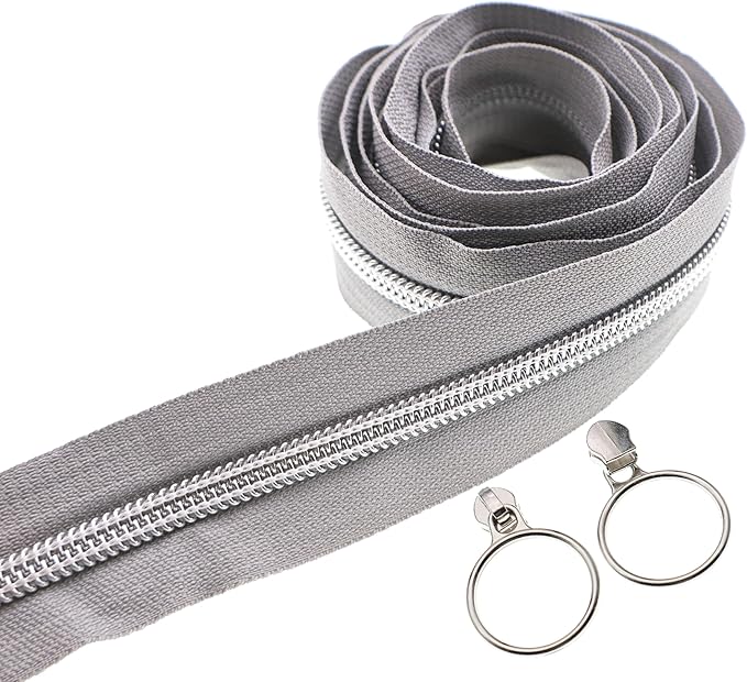Leekayer #5 Silver Metallic Nylon Coil Zippers by The Yard Bulk 10 Yards Gray Zipper Tape with 25pcs Silver Ring Pull Zipper Sliders for DIY Sewing Tailor Craft Bag(Gray)