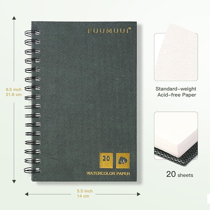 Watercolor Paper Pad, Fuumuui 5.5 * 8.5 inch 100% Cotton Paper (20 Sheets, 140lb/300g), Spiral Bound for Painting, Drawing, Art Journaling, Professional Artist Quality