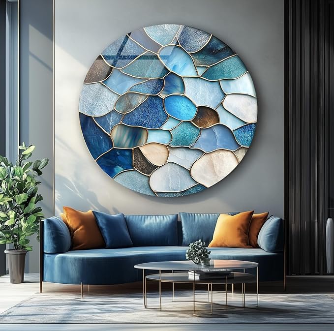 My Photostation.com 20''(50cm) Diameter Coastal Blue Stone Mosaic Round Glass Wall Art Tempered Glass Printing Wall Decor Large Wall Art Wall Hangings
