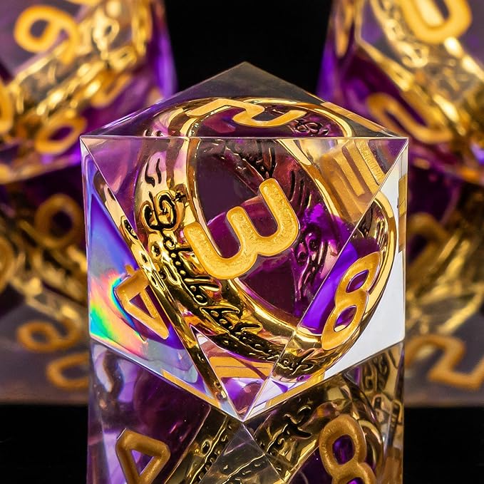 OUKELANWO Magic Lord Rings DND Dice Set with Box, 7Pcs Resin LOTR D&D Dice Set for Role Playing Game, Purple Gold Dungeons Dragons D and D Sharp Edge Dice D20 D12 D10 D8 D6 D4