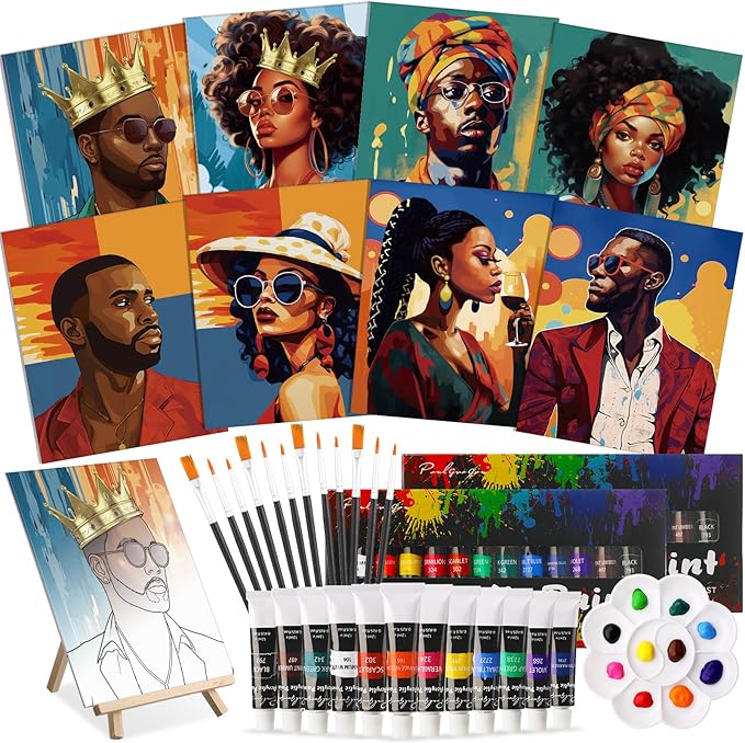 Cholemy 36 Pcs Paint and Sip Kit for Adults 8''x10'' Pre Drawn Canvas for Painting DIY Afro Acrylic Painting Kit Wood Easel Brushes Date Night Bulk for Christmas Party Gifts(Black Women)