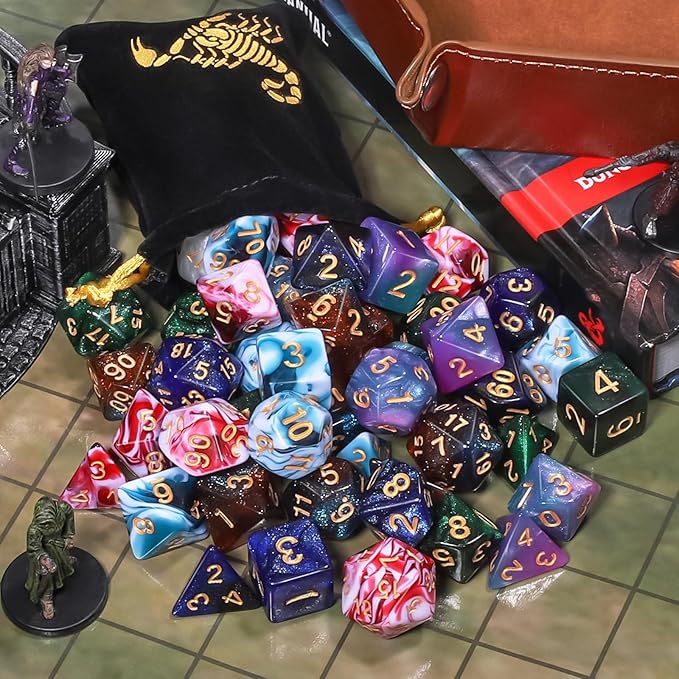 CiaraQ DND Dice Set, Double-Colors Polyhedral Dice (42 Pieces) with 6 Pattern Bags and PU Leather Tray for Dungeons Dragons D&D RPG MTG Table Games