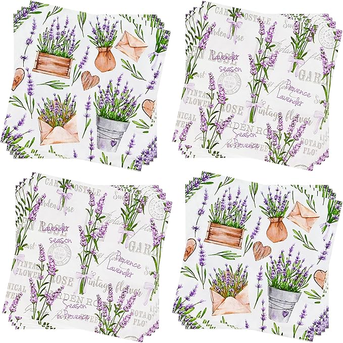 Paper Napkins 80 Pack 2 Ply Floral Beverage Luncheon Dinner Paper Napkins Lavender Print Disposable Napkins for Wedding Anniversary Celebrations, 6.5X6.5 Inches Folded