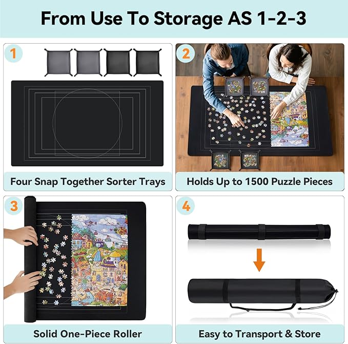Puzzle Mat Roll Up with Drawstring Storage Bag, Portable Saver Pad 46” x 26” Up to 1500 Pieces with Non-Slip Rubber Bottom & Smooth Top + 4 Puzzle Sorting Trays & Travel-Friendly Storage Bag