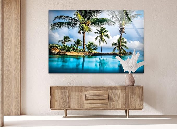 My Photostation.com 28Wx18H'' Island & Blue Sea Glass Wall ArtTempered Glass Printing Wall Decor Large Wall Art Wall Hangings