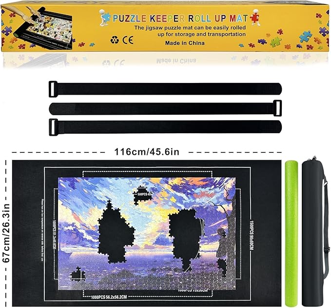 Napzy Puzzle Mat, Jigsaw Matt Rollup 8PCS Sorting Trays Up to 1500pcs Puzzles Matt Rollup 45.6 x 26.3 in Jigsaw Keeper and Saver Jigsawes Pad Has Storage Bag for Puzzle Lovers, Felt Matted Black