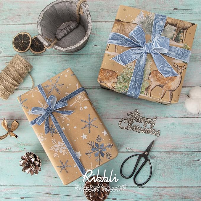 Ribbli Dusty Blue Velvet Ribbon 3/8 Inches Luxury Crinkled Blue Christmas Ribbon for Gift Wrapping Crafts Home Decor-Continuous 10 Yard