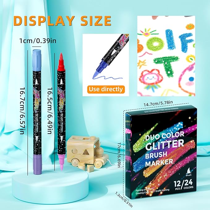 24 Colors Dual-tip Watercolor Markers, 12 Pack Glitter Brush Markers, Water-based Ink Sparkle Pen,Glitter Paint Pens for Adults Coloring,DIY Crafts,Doodle Writing, Art Crafts Gifts