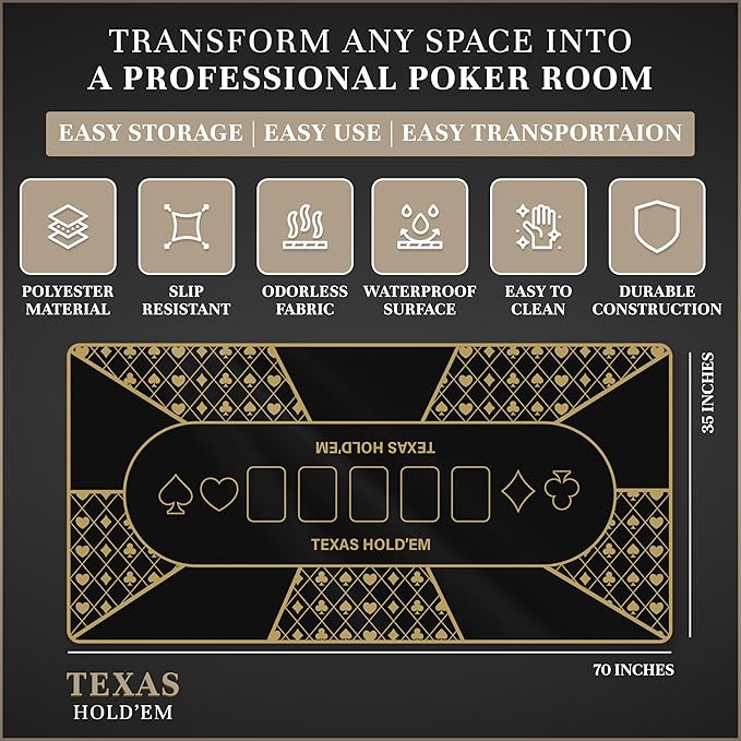 Poker Table Top - Foldable 70" x 35" Texas Hold'em Poker Mat with Non-Slip Backing and Zipper Carrying Bag - Waterproof and Portable Casino Table Topper Card Mat for Home Game Nights Up to 10 Players